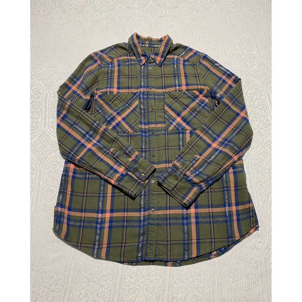 Express Boyfriend Plaid Flannel Shirt‎ Women Medium Green Pink Metallic Thread